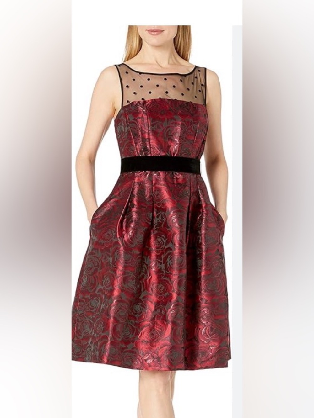 Eliza J Red Rose-Print Party Dress with Black Mesh Yoke